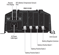 Bottom interface panel of 100A charger showing connection ports for battery banks, temperature sensor and AC input