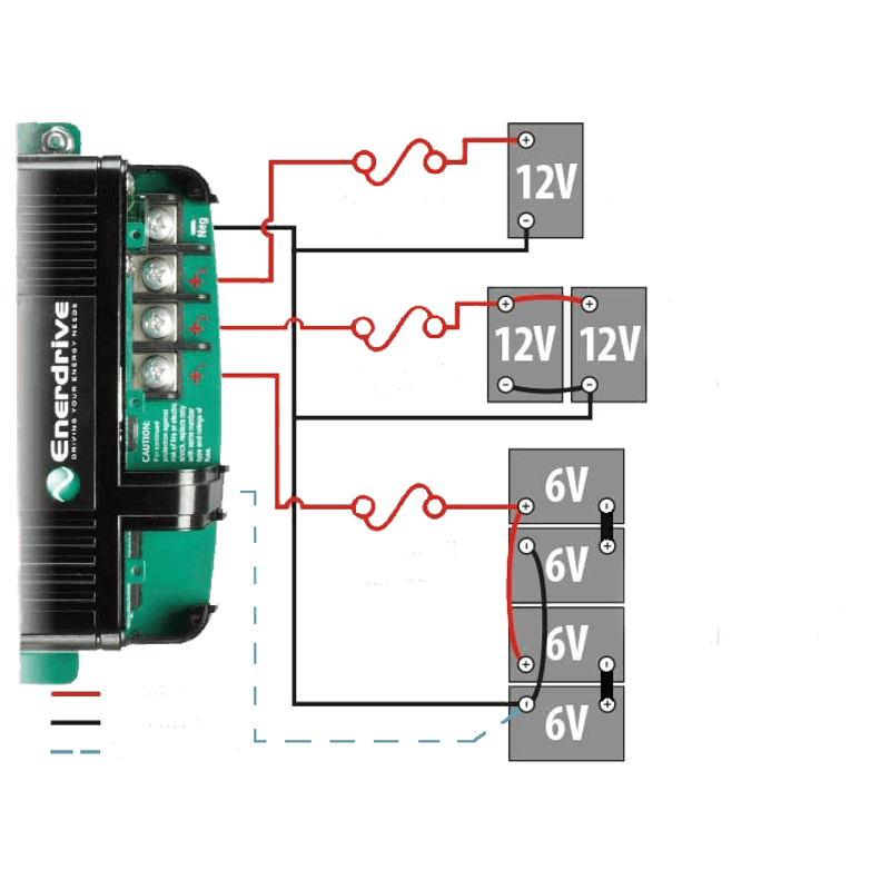 Wiring diagram demonstrating connection to three independent battery banks with fuse protection