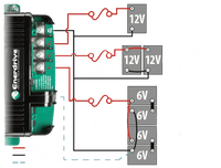 Wiring diagram demonstrating connection to three independent battery banks with fuse protection