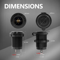 Technical dimension drawing of 12V socket showing 29mm mounting hole and 54.5mm depth