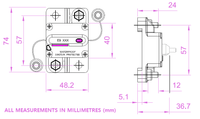 Dimensional drawing of Exotronic circuit breaker with 74mm by 48mm footprint