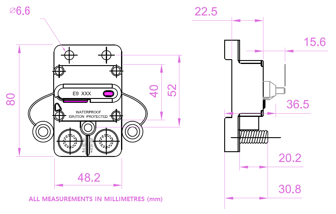 Technical dimensional drawing of the circuit breaker with measurements in millimetres