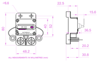 Technical dimensional drawing of the circuit breaker with measurements in millimetres