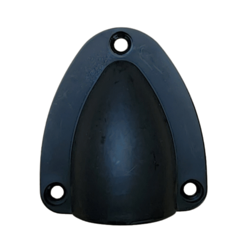 Top-down view of black plastic clamshell cable entry cover showing three countersunk mounting holes