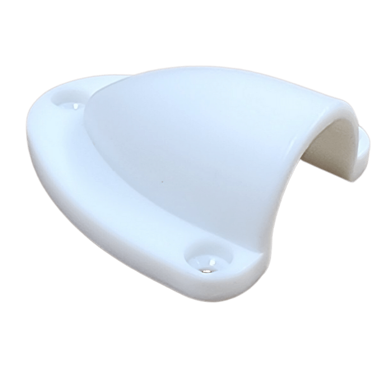 Side view of white cable cover displaying the arched profile and rear opening