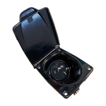 Black 15A AC power inlet socket with open spring-loaded protective cover