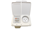 White 15A AC power external inlet with 16A RCD safety switch and weatherproof flip-up covers