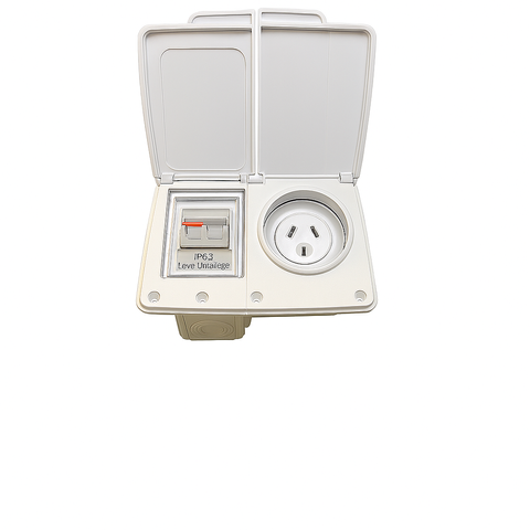 White 15A AC power external inlet with 16A RCD safety switch and weatherproof flip-up covers