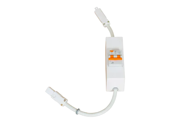 White 16A RCD enclosure with CMS C-style connectors and earth lead