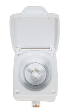 Front view of a white 15A AC power inlet socket with its protective weather lid open