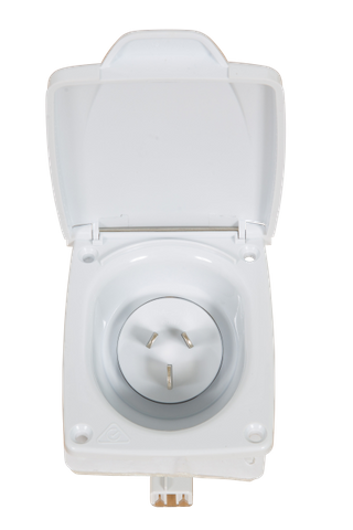 Front view of a white 15A AC power inlet socket with its protective weather lid open