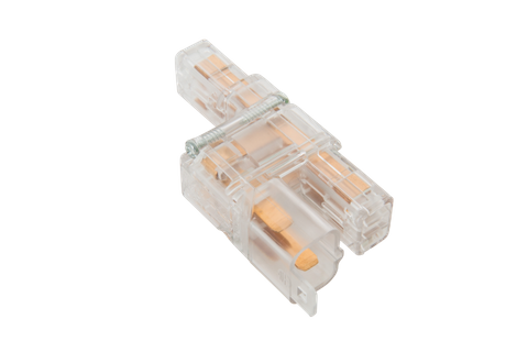 Clear 1-in 2-out AC power splitter showing internal brass terminals and transparent polycarbonate housing