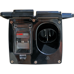 Black external 15A power inlet with open weatherproof covers showing 16A RCD and 3-pin male connector
