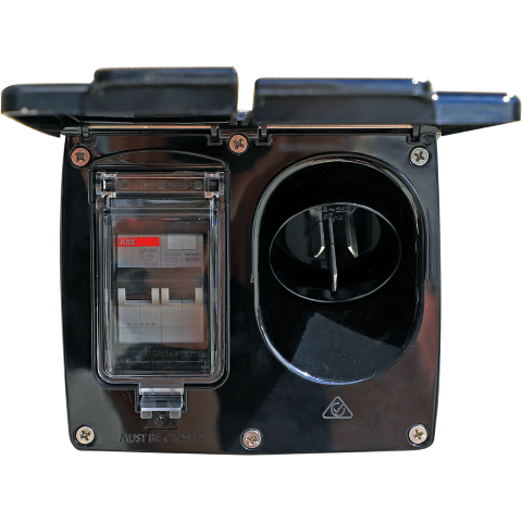 Black external 15A power inlet with open weatherproof covers showing 16A RCD and 3-pin male connector