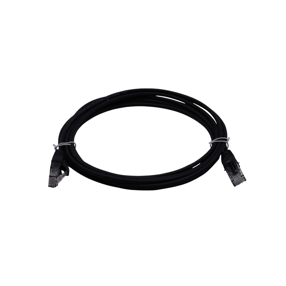 Black Cat6 network patch cable coiled in an oval shape and secured with white twist ties