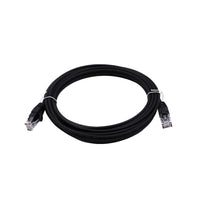Coiled black ethernet patch lead held by a white twist tie showing connectors facing outwards