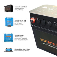 Infographic detailing included Victron components and Exotronic battery on the box exterior