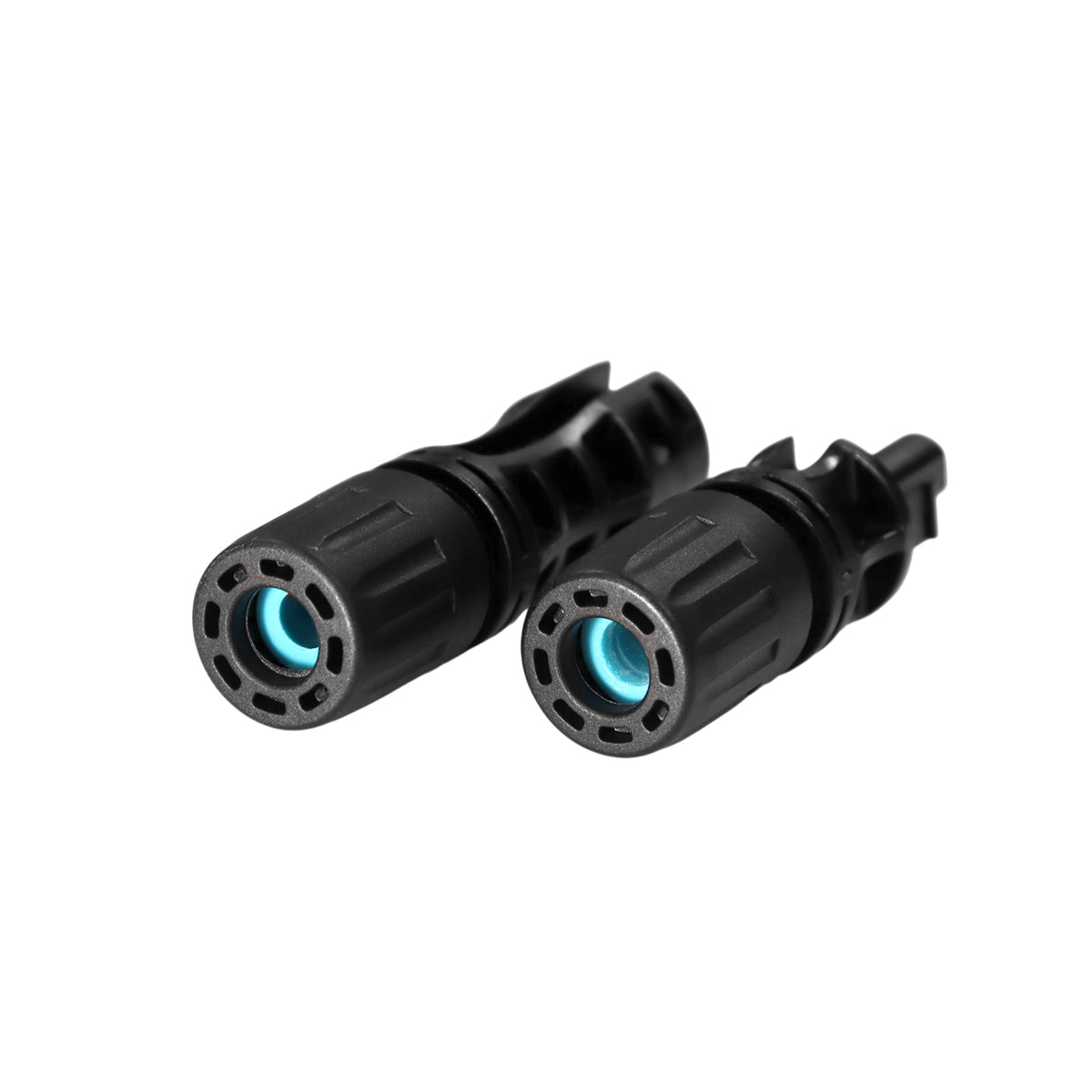 Rear view of solar connectors showing blue internal sealing rings