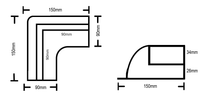 Technical line drawing of corner bracket detailing 90mm internal clearance and 150mm outer footprint