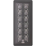 Portrait 12-way waterproof marine keypad with circuit labels and status indicator LEDs
