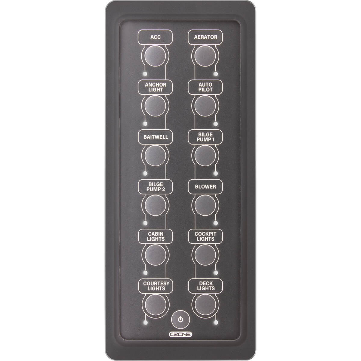 Portrait 12-way waterproof marine keypad with circuit labels and status indicator LEDs