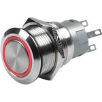 Stainless steel 19mm push button featuring integrated red LED ring and spade terminals