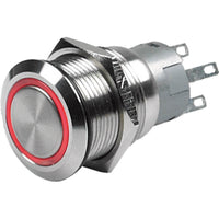 Stainless steel 19mm push button featuring integrated red LED ring and spade terminals