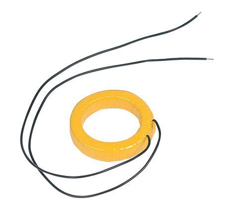 Yellow toroidal heavy-duty current transformer with two black wire leads