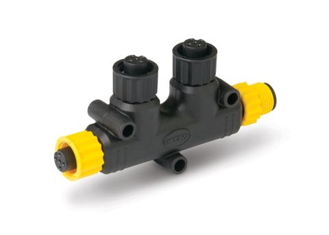 Side view of NMEA 2000 2-way tee connector showing backbone and drop connections