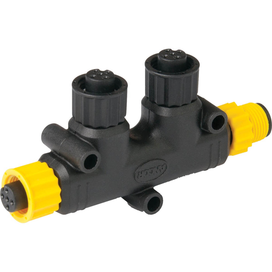 NMEA 2000 2-way tee connector with dual drop ports and yellow locking collars
