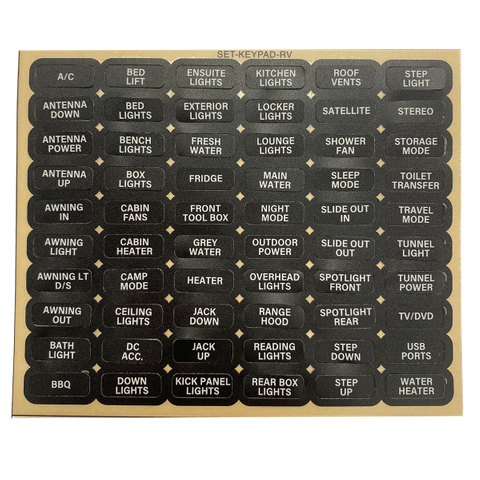 Sheet of 60 black waterproof CZone keypad labels with white text for RV and marine digital switching
