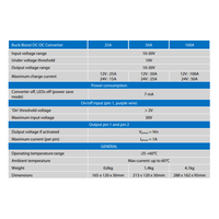 Specifications table for 25A 50A and 100A buck-boost DC-DC converter models