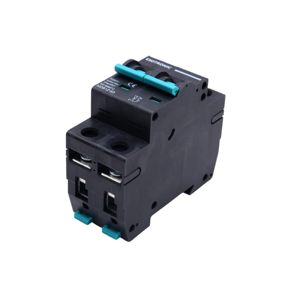 Rear angled view of DC miniature circuit breaker highlighting the DIN rail mounting slot and housing depth