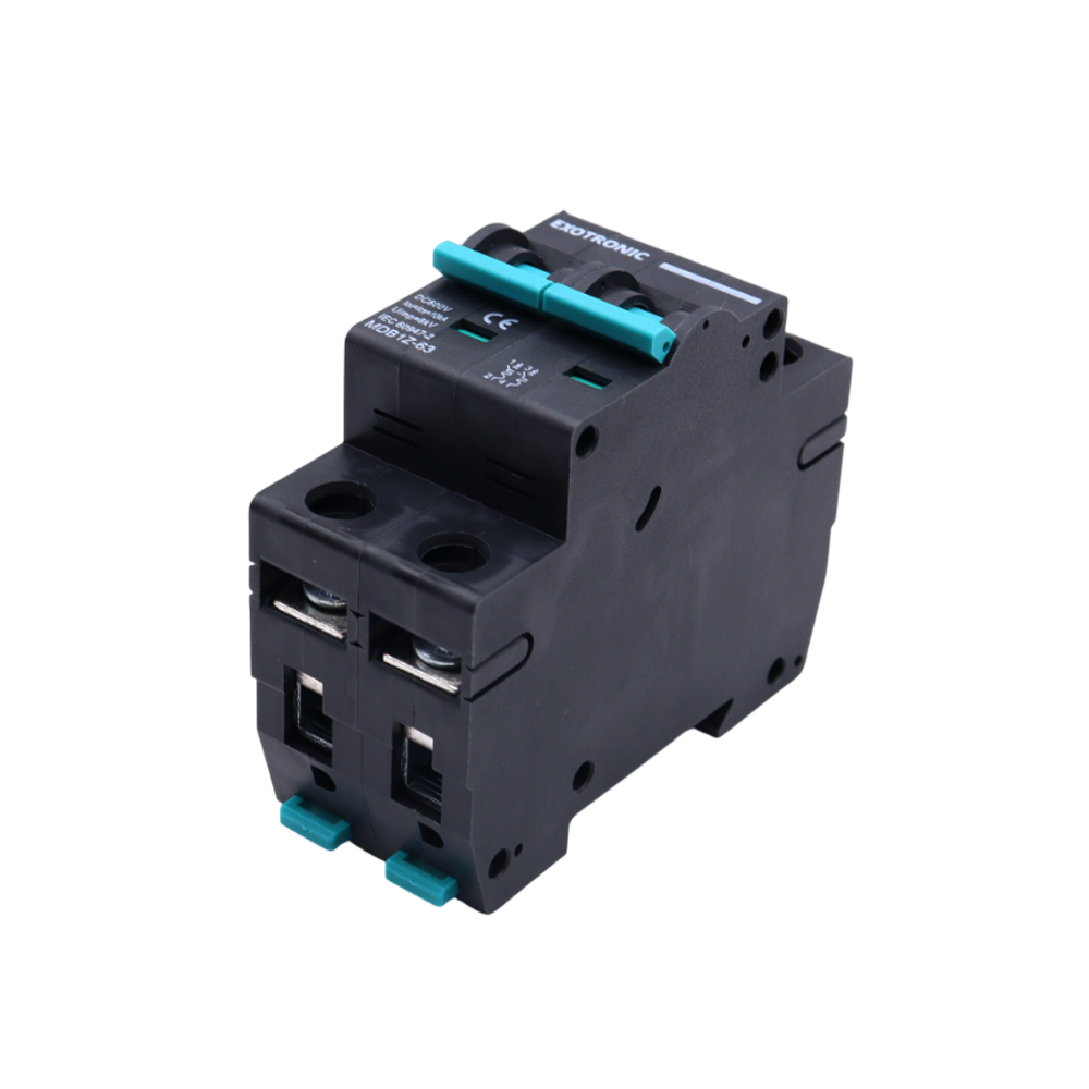 Rear angled view of DC miniature circuit breaker highlighting the DIN rail mounting slot and housing depth