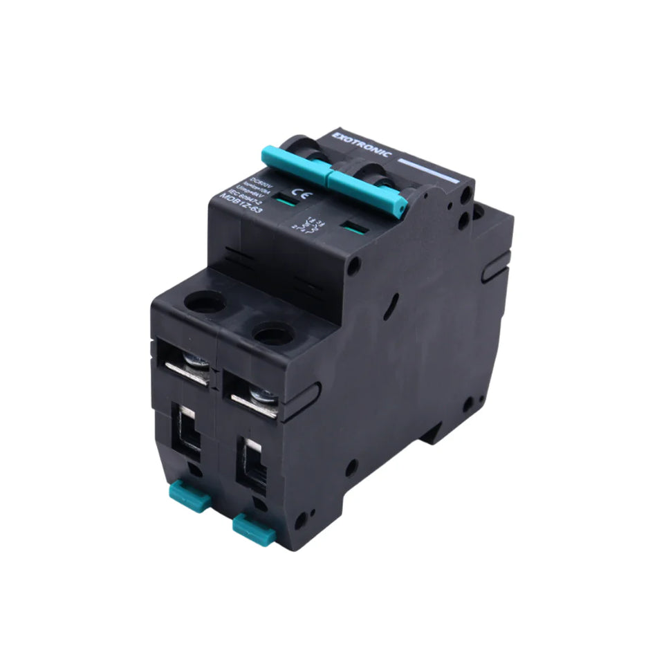 Rear angled view of DC miniature circuit breaker highlighting the DIN rail mounting slot and housing depth