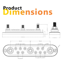 Dimensional drawing of 300A busbar with millimetre measurements