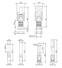 Technical dimension drawing of bulkhead solar connectors with measurements in mm