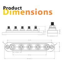 Dimensional engineering drawing of 5 stud busbar with measurements in millimetres