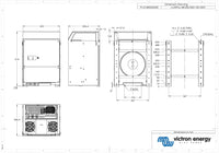 Technical dimensional drawing showing front, side, and bottom views of the MultiPlus inverter charger