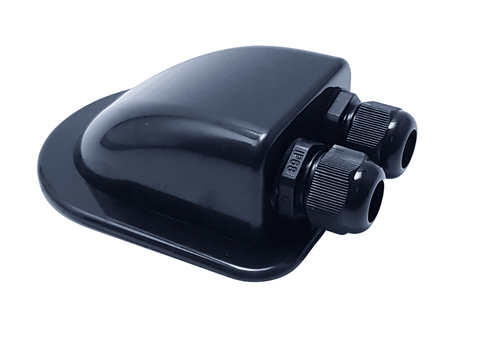 Black aerodynamic ABS cable entry housing featuring two compression glands with IP68 ratings
