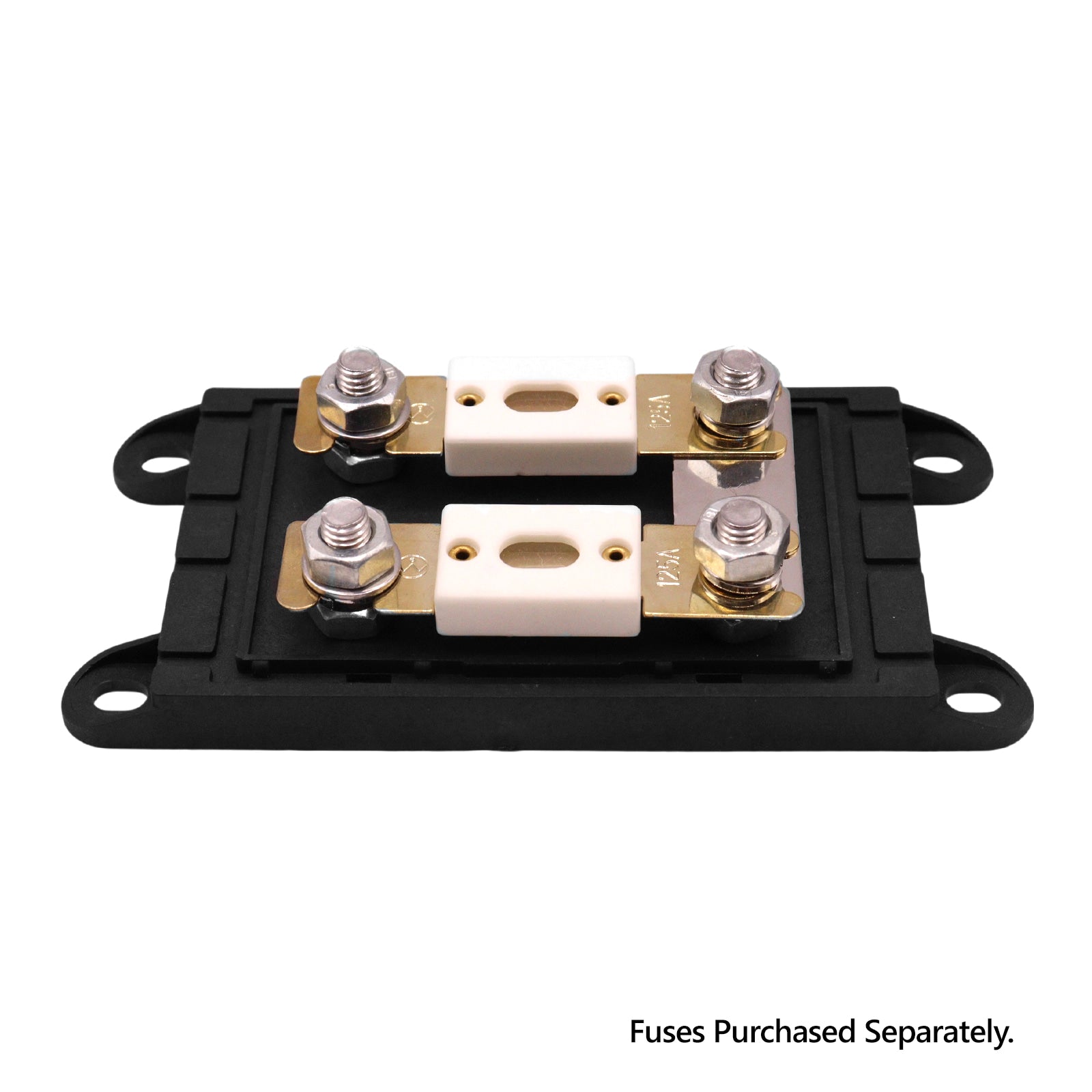 Angled view of the fuse holder base with two ceramic fuses installed on stainless steel studs
