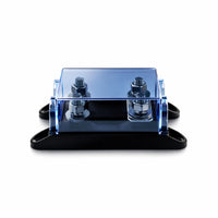 Dual MEGA fuse holder with translucent blue cover and M8 threaded studs