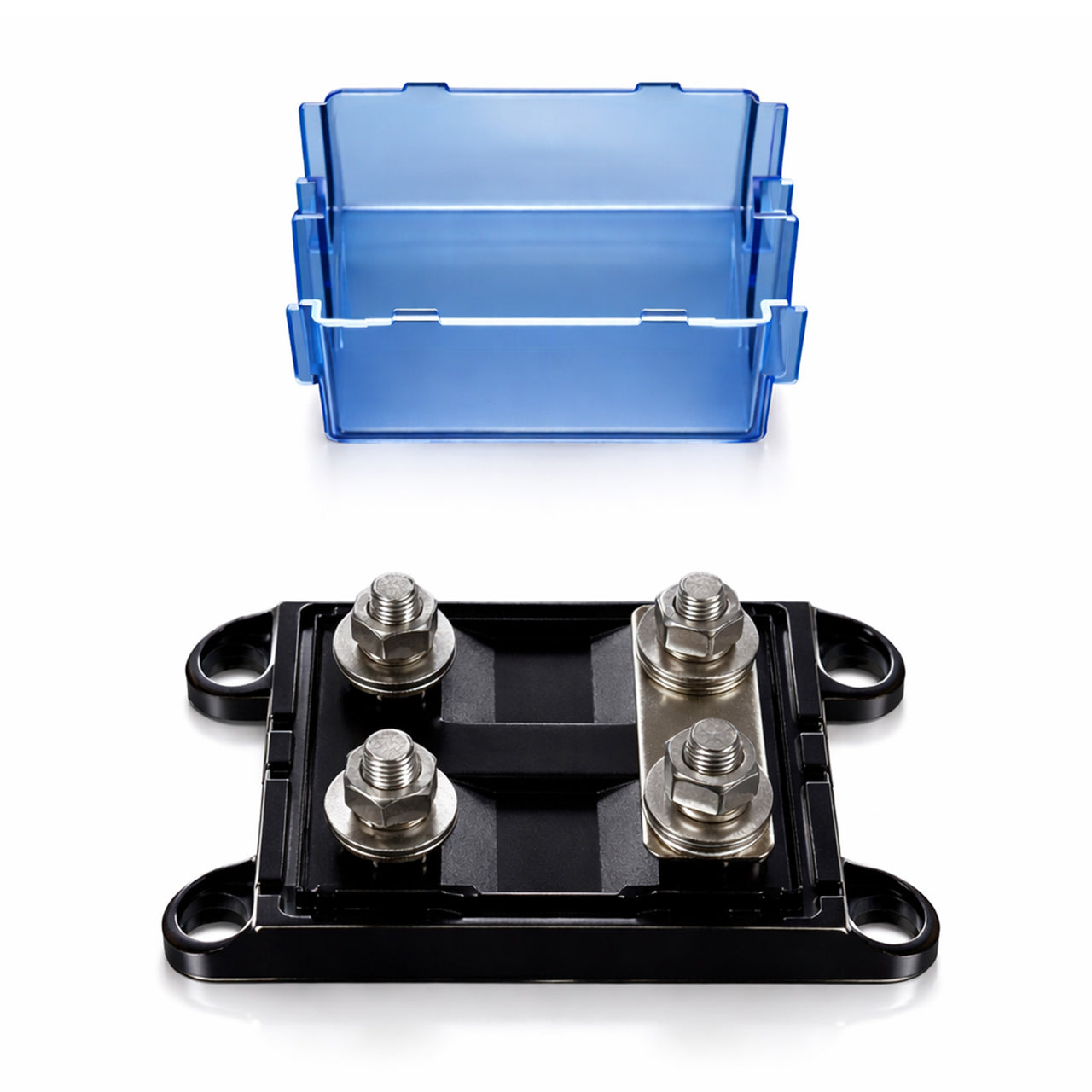 Interior of dual MEGA fuse holder showing M8 studs and common busbar