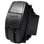 Black rocker switch style dual USB power outlet with protective flap and 4.8A output