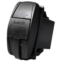 Black rocker switch style dual USB power outlet with protective flap and 4.8A output