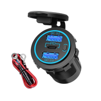 Dual USB QC3.0 and USB-C socket with blue LED ring, open cap and included 12V wiring harness with inline fuse