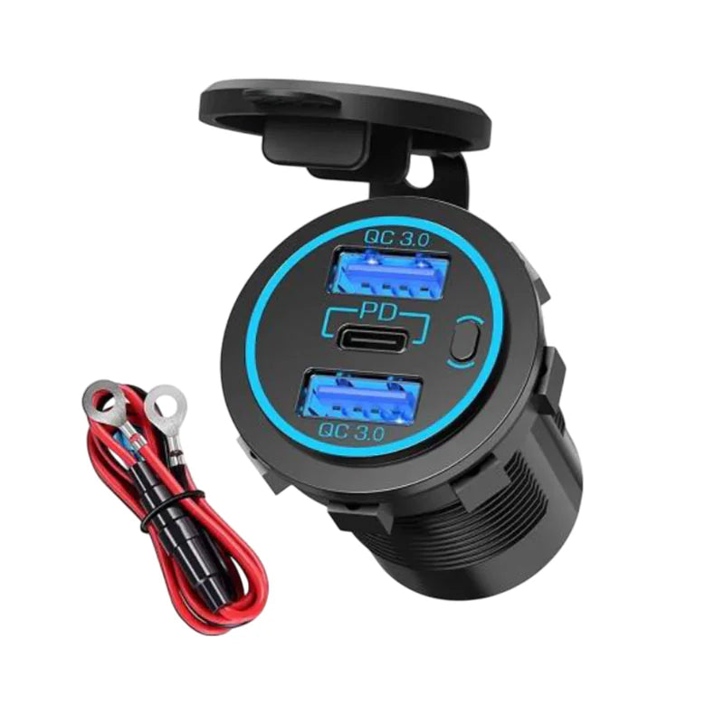 Dual USB QC3.0 and USB-C socket with blue LED ring, open cap and included 12V wiring harness with inline fuse