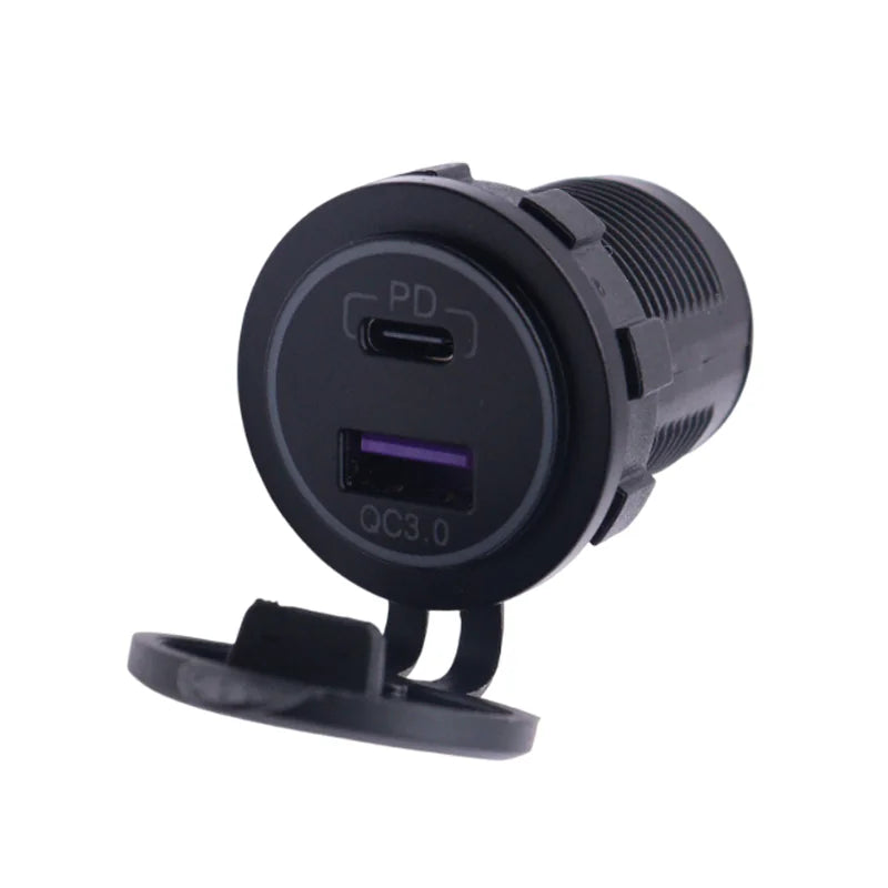 Front view of black dual USB socket with open cap showing USB-C PD and USB-A QC3.0 ports