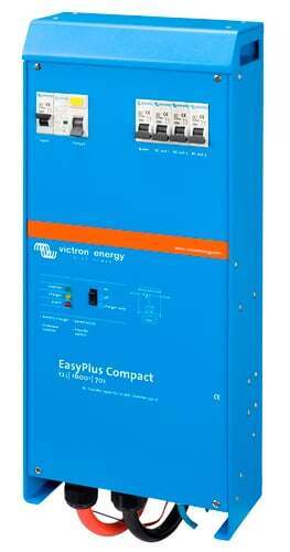 Side view of the EasyPlus inverter charger showing the blue metal enclosure and bottom cable entry
