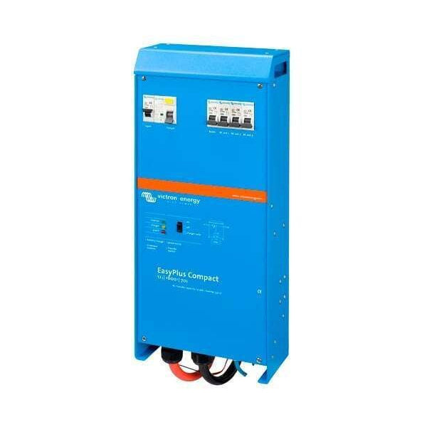 Side view of the EasyPlus inverter charger showing the blue metal enclosure and bottom cable entry